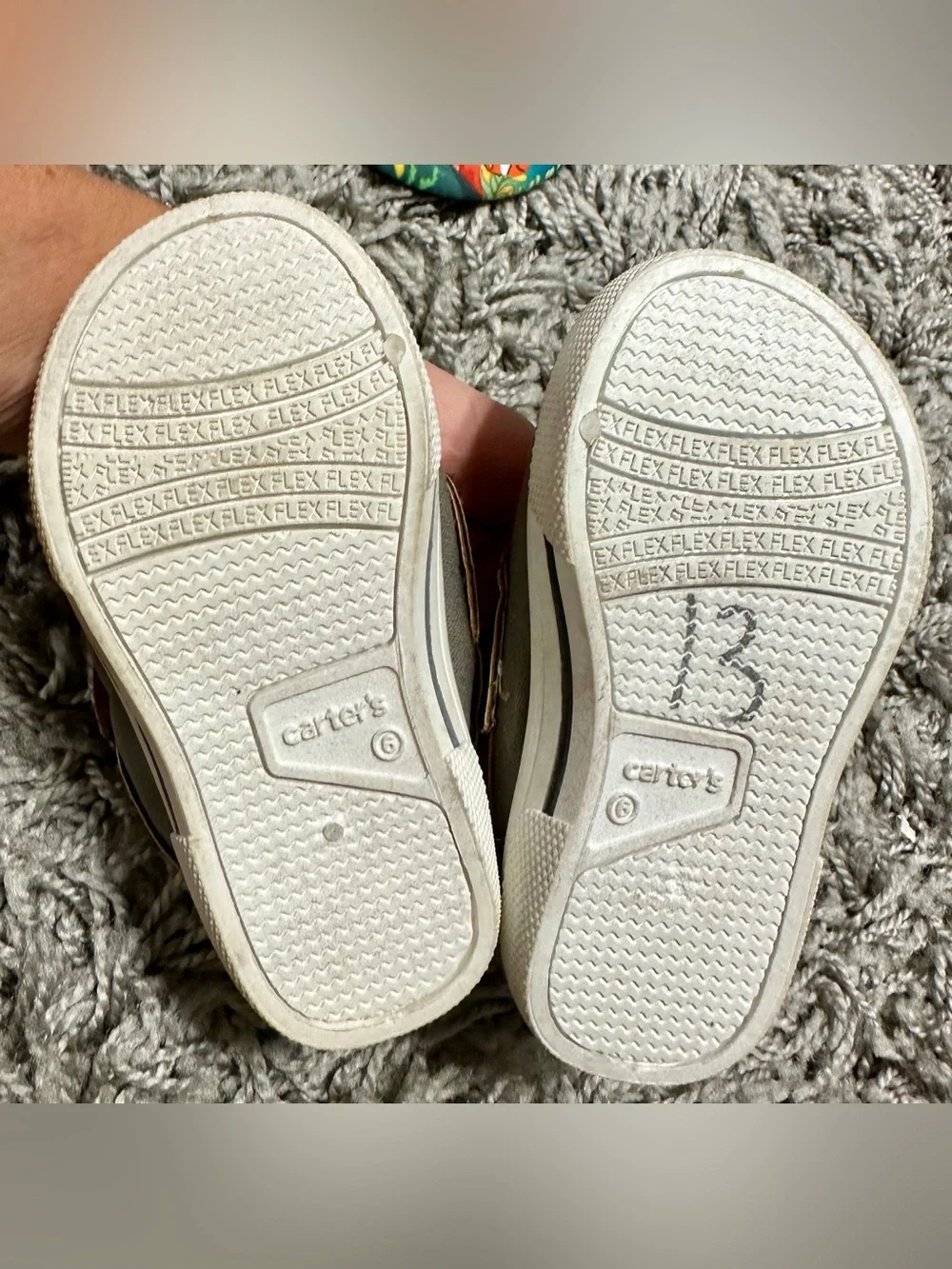 Carter's Olive Canvas Boat Sneakers with Brown Trim and Navy-Striped Laces